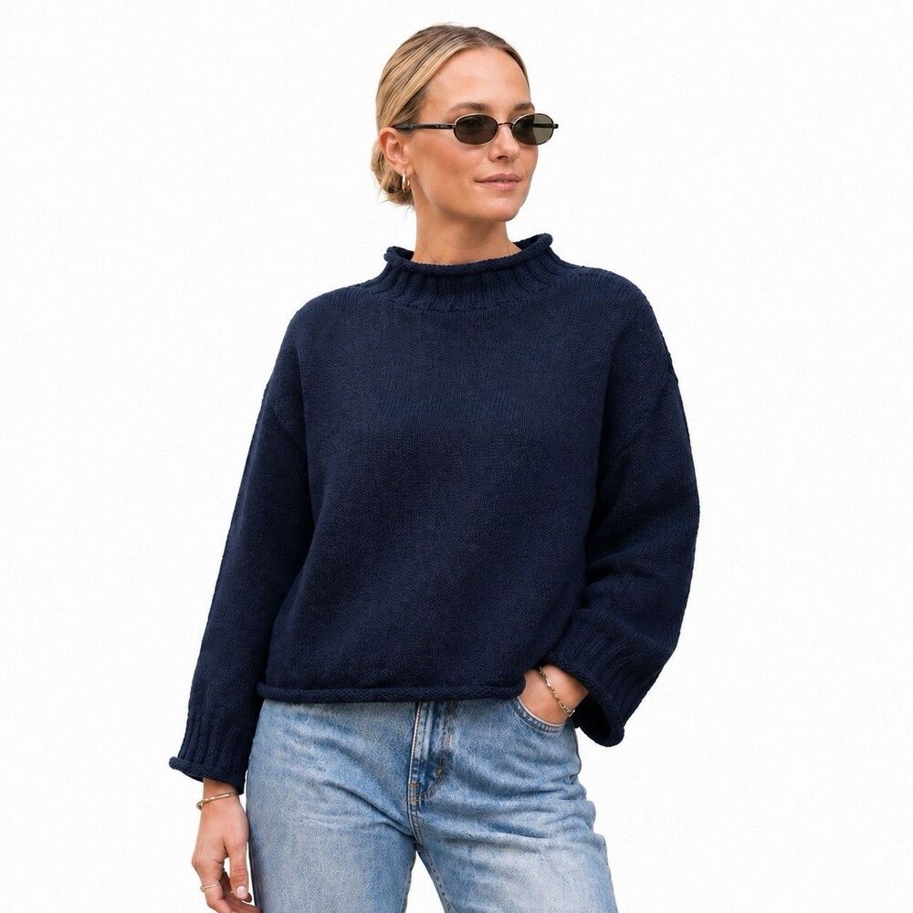 J Crew 2025 Rollneck Sweater Womens XS Navy Blue 100% Cotton Cozy Minimalist